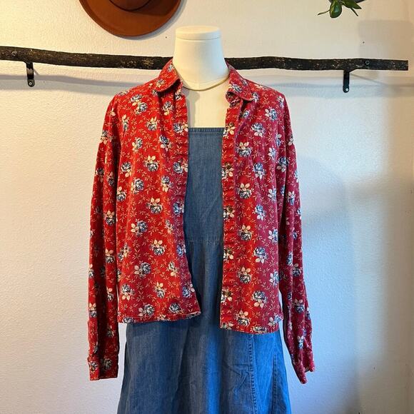 Vintage 90s Liz Claiborne Red Cotton Floral Button Front Shacket Size Large - Picture 1 of 9